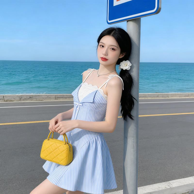 Summer Stripe Spliced Aline Dress With Sleeveless Design For Casual Women