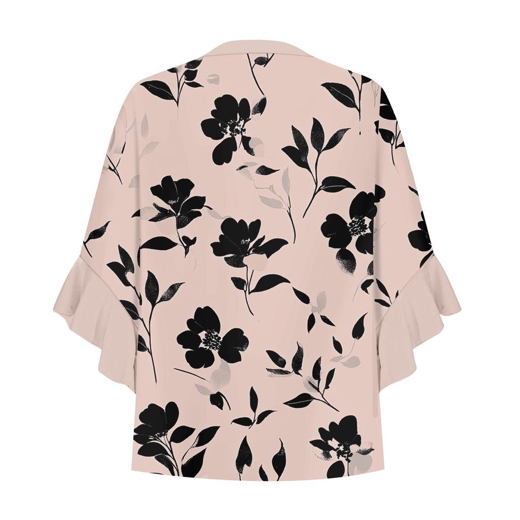 Women's Summer Tops V Neck Three-quarter Sleeves Floral Print Flowing Ruffle Sleeves Half-button Shirt