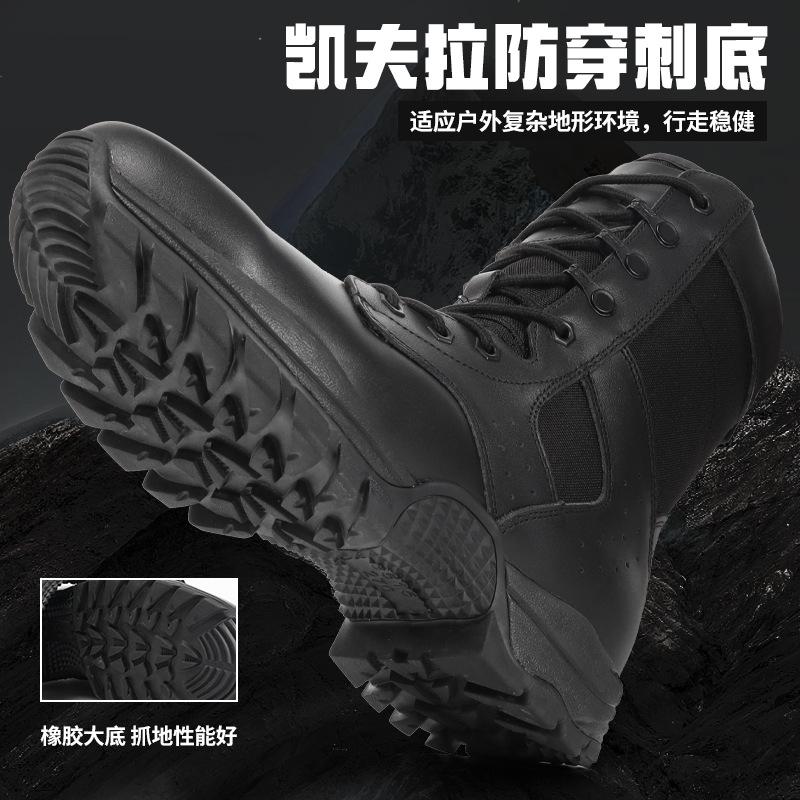 Black Spring and Autumn New Black Combat Boots High Top Cowhide Waterproof Anti-Piercing Tactical Boots Outdoor Riding Boots