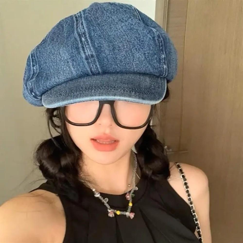 Washed Cloth Denim Octagonal Hat Head Circumference Cloud Hat Casual Denim Beret  Girl