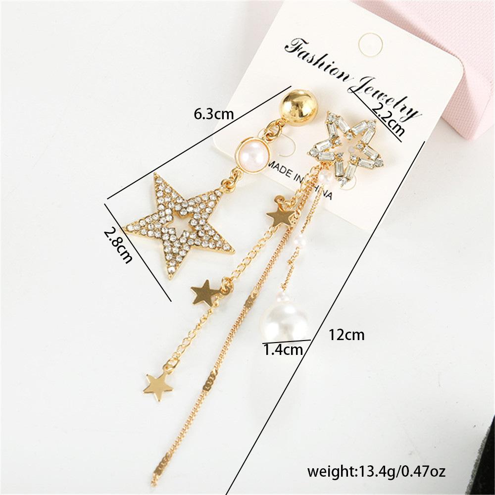 Cercei Asimetrici Stea Zircon Super Sclipitori, Cercei Lungi cu Ciucuri Temperamentali, Cercei Stud Coreeni Cristal Perlă.