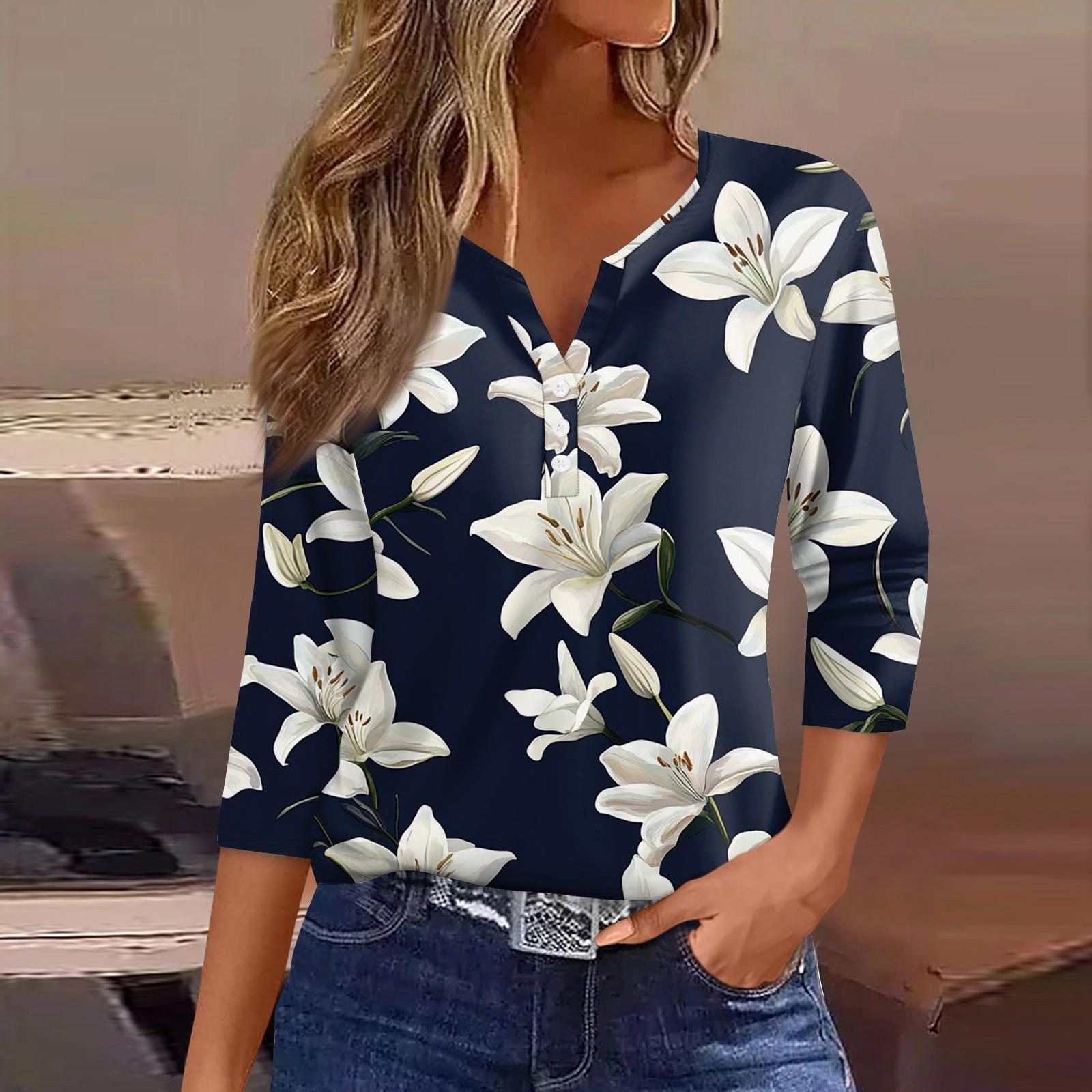 

Women s T Shirt Tee Print Button 3/4 Sleeve Daily Weekend Fashion Basic V- Neck Regular Top XXL Темно-синій