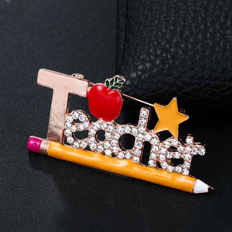 Weiman New Arrival Enameled Beautiful School Pencil Teacher Design Brooches Zinc Alloy Brooch Pins Rhinestones for Party Wedding