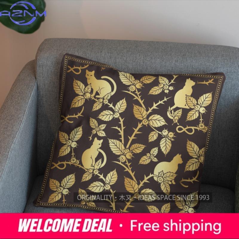 2D Golden Cats And Branches Pillow Cover Pattern Cushion Cover Suitable For Sofa Bedroom Car Pillow Cover