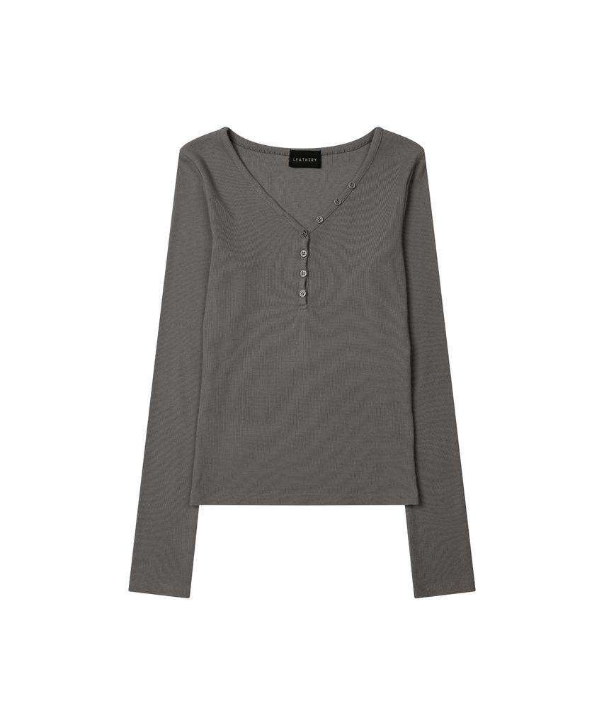 Ledeoli Button-Up Ribbed V-Neck Long Sleeve [Grey]