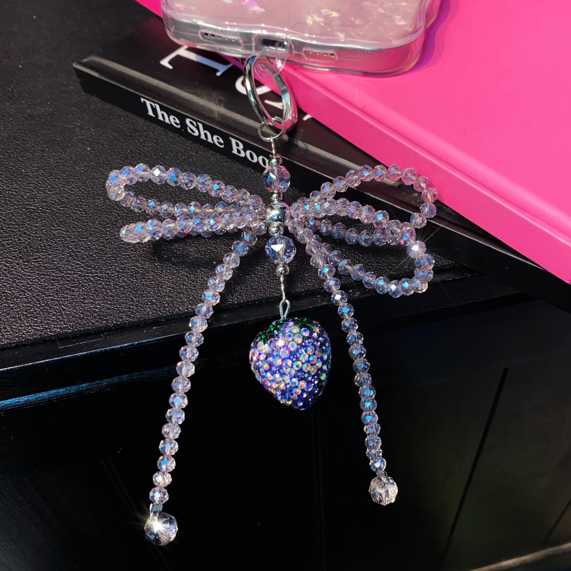 Phone Pendant Crystal Bowknot Rhinestone Strawberry Pendant Bag Pendant Car Keychain High-end Hanging Chain