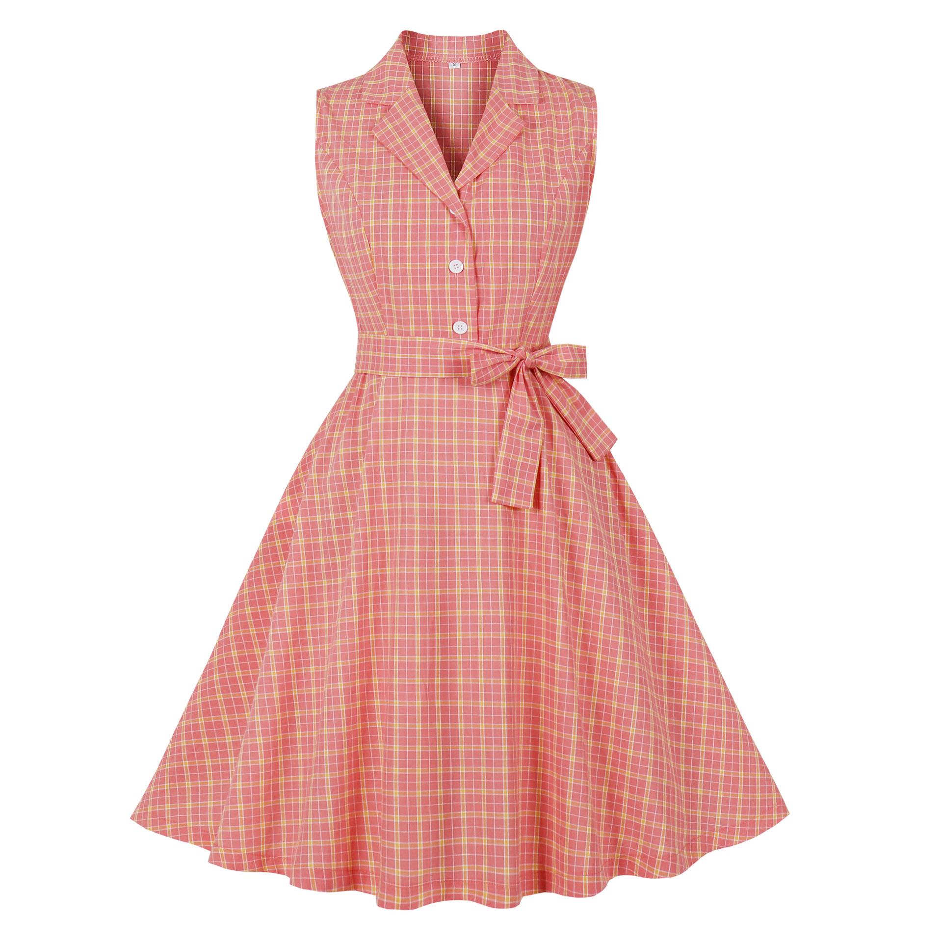 Hepburn Style 50s Retro Plaid Sleeveless Dress with Tie-up Waist S розовый