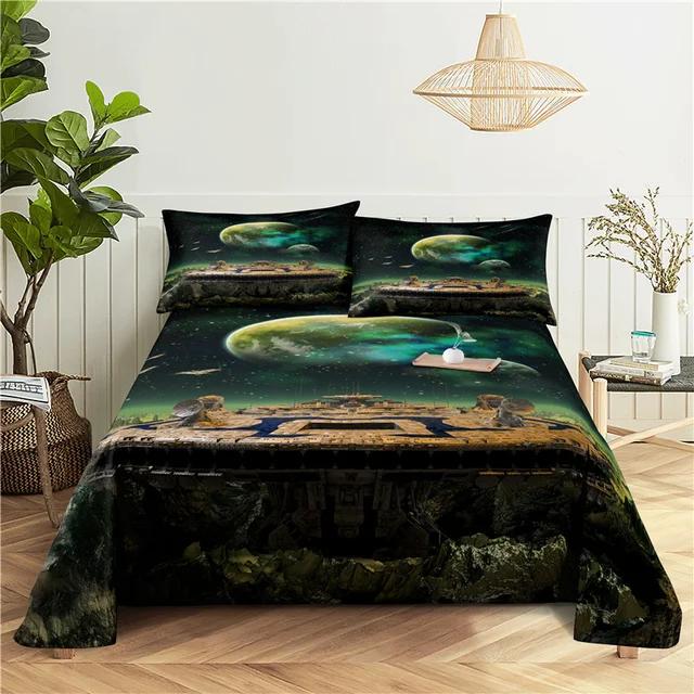 Galaxy Cosmic Planets Bed Sheet Set Soft Polyester Bed Flat Sheet With Pillowcase Romantic Universe Print Bed Sheet Home Textile