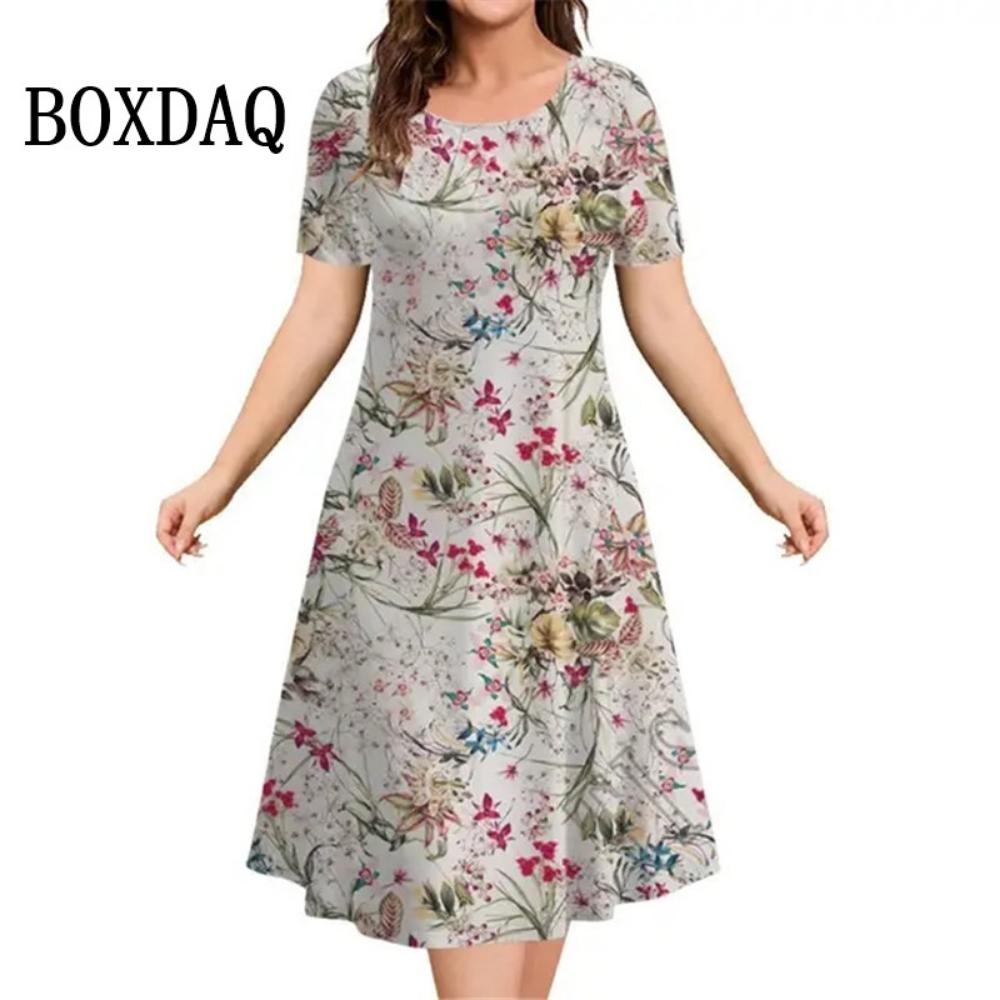 3d Plant Flower Print Women's Dress 2026 Summer Short-sleeved Clothing Casual Loose Retro Dress