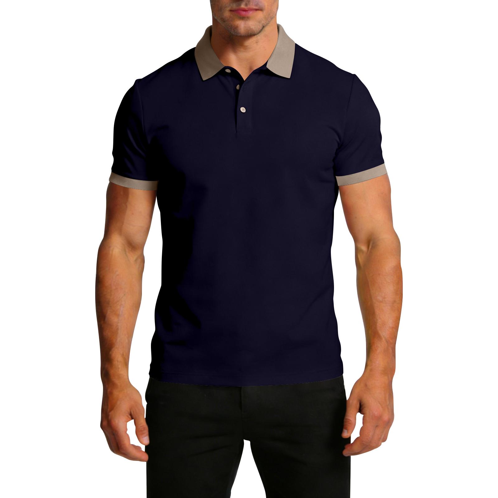 Men Short Sleeve Polo Shirt Classic Fit Contrast Collar and Sleeve Trim Button Placket Soft Fabric Top M тёмно-синий