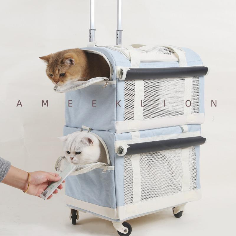 High Aesthetic Pet Trolley Breathable 2-Layers Cat Baskets Travel Transport Case with Comfortable Design Convenient for Travel
