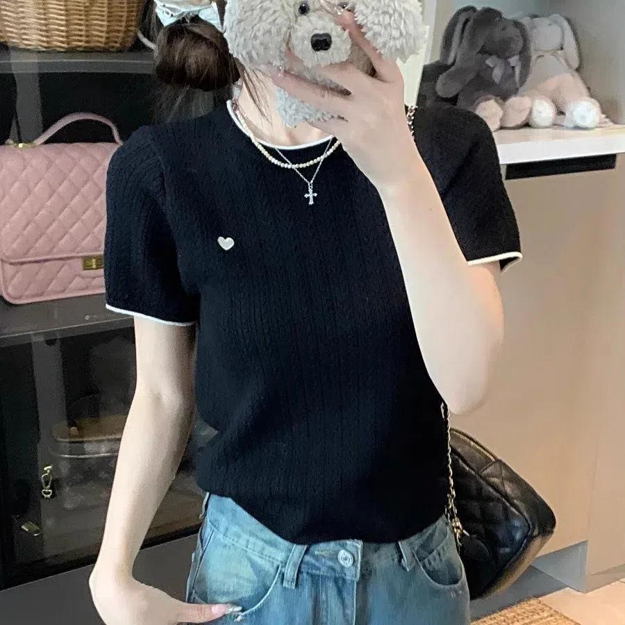 Chic Color Block Crew Neck Short Sleeve Knitted T-Shirt for Women - Preppy Style Summer 2025