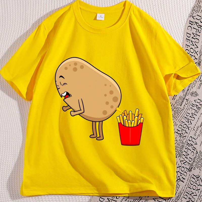 Funny Potato Fries Cartoon T Shirt Kawaii Food Humor Tshirt for Men Women Casual Loose Printed Tshirt Short Sleeve Clothes
