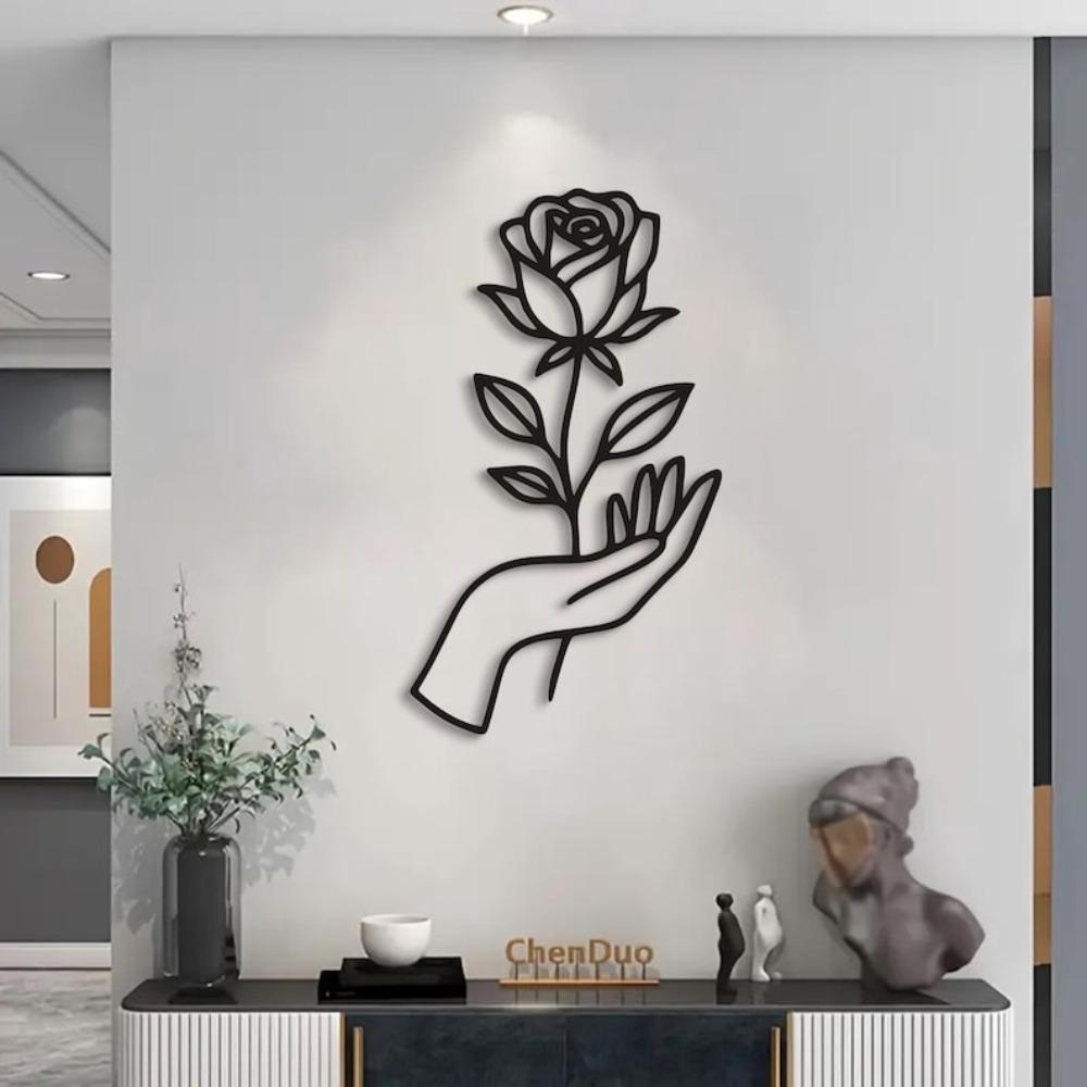 Black Rose Metal Wall Art, Modern Flower Line Sculpture, Minimalist Hand Decor, Unique Iron Craft Gift for Living Room