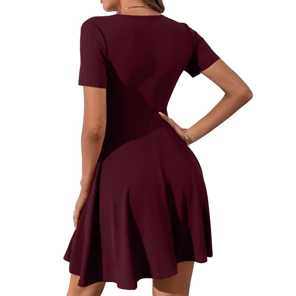 Damen Casual Farbe Rundhals Kurzarm Kleid