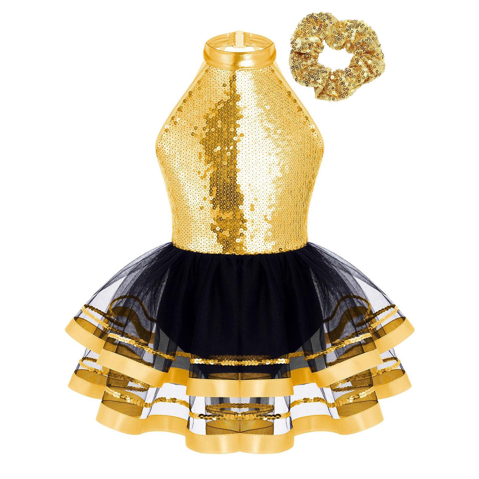 

Дівчата блискучі блискітки з блискітками, сукня-пачка з вирізом на вирізі без рукавів і спинки з аксесуаром для волосся для танцювальних виступів 3-4 Years золотий