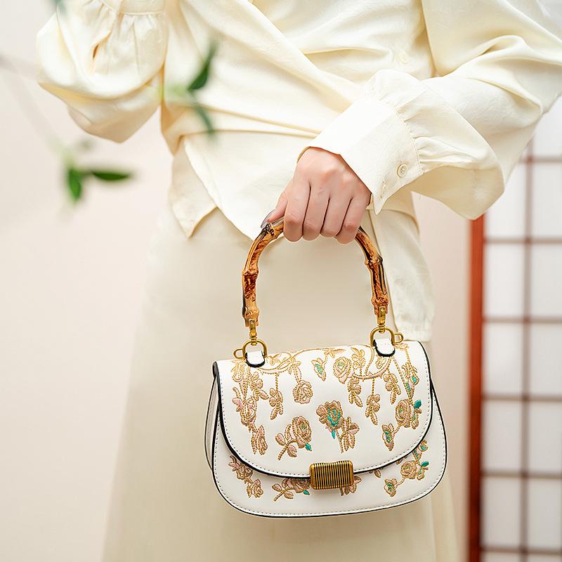 Chinese-style Suzhou Embroidery Bamboo Joint Saddle Bag, Traditional Chinese Style Mother's Handbag, Crossbody Small Bag