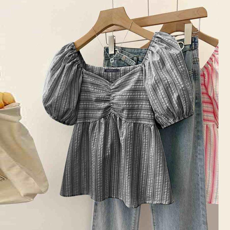 

ZANZEA Женская повседневная летняя блузка в полоску с квадратным вырезом и короткими рукавами 4XL чёрный