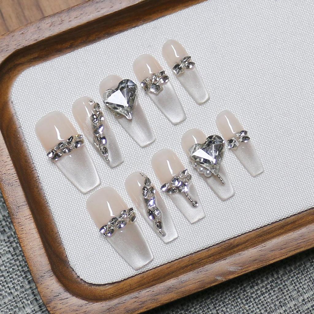 Handmade Cat Eye Glitter Gradient Nails with Rhinestones & Pearls