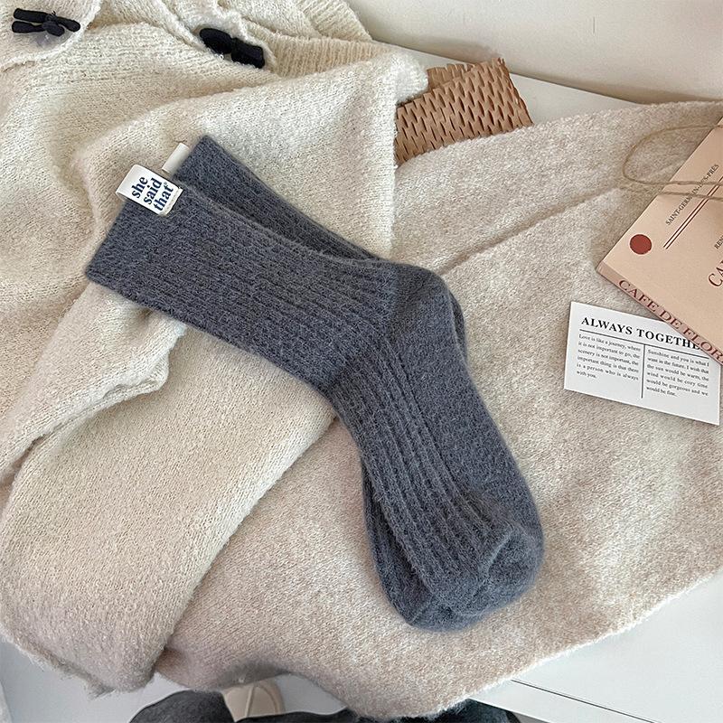 Winter and Autumn Children's Thick and Warm Mid-calf Socks with Vertical Stripes and Solid Color Wool Pile Socks