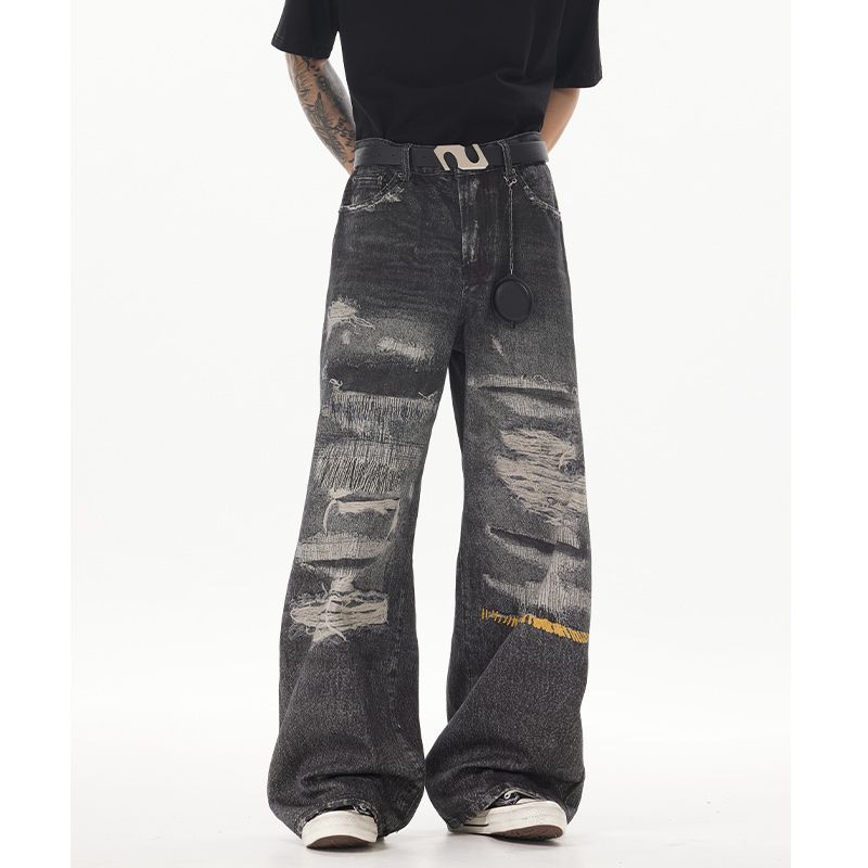 

Acrardic 3D Printing Jeans Men s and Women s American Baggy Niche Design Pants Black Gray 2XL