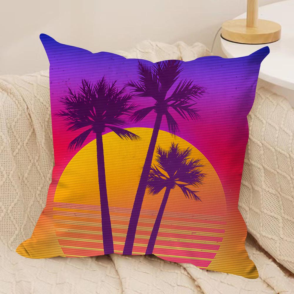 Sunset Palm Tree Fashion Cushion Cover Silky Short Plush Invisible Zipper Dustproof Sofa Pillow Case for Home Decor