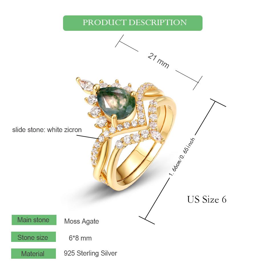 WES   CopperGrown Natural 6*8mm Moss Agate Gold Ring Set for Woman Luxury Engagement Gift Bridal Set