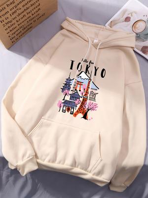 Hello From Tokyo Printing Hoodie Womens Casual Pocket Hooded Winter Fleece Warm Sweatshirts Basics Sporty Womans Streetwears