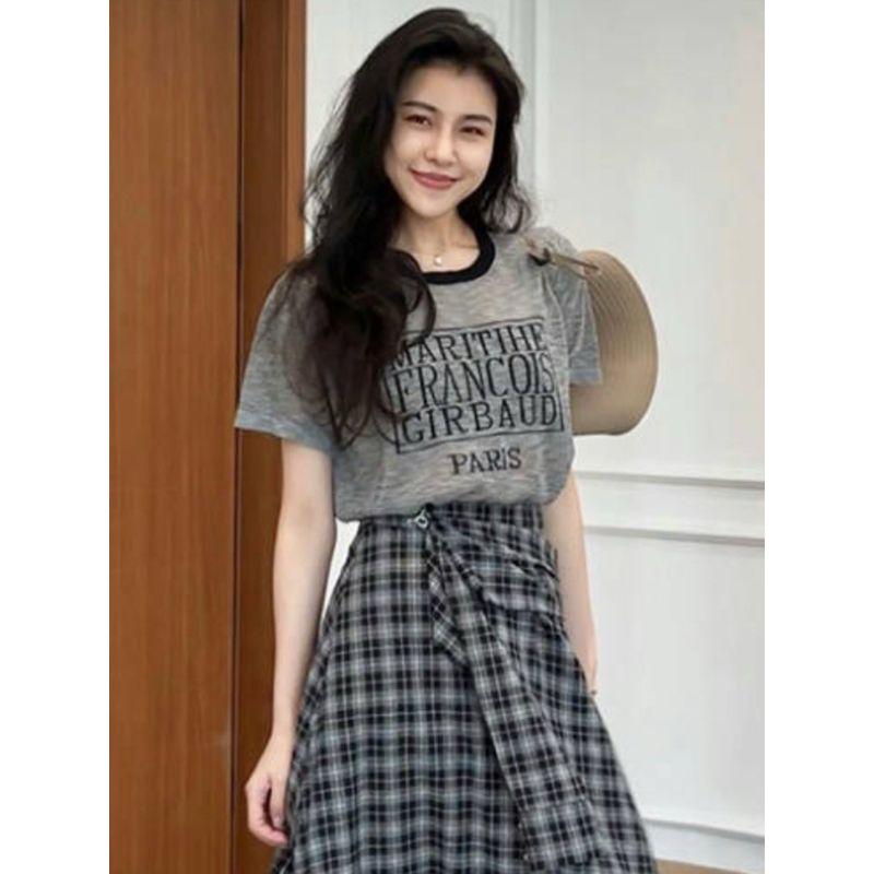 

Летнее небо так красиво, что это подходит для модной футболки с коротким рукавом, клетчатой юбки-брюк, круто и модно носить, комплект из двух частей Grey Tops XL(120-135)