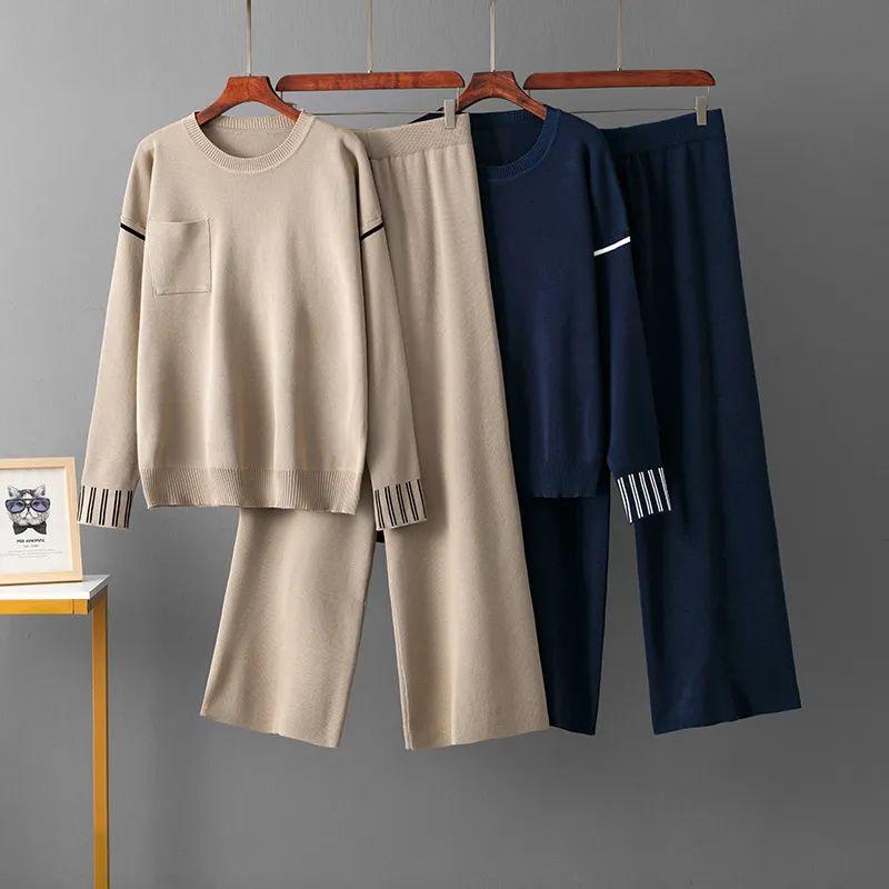Cross-Border Amazon Foreign Trade Delivery Temperament Knit two piece Round neck sweater Loose Casual Set Long sleeve Women clothes