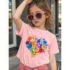 Girls Summer Crew Neck Short Sleeve T-Shirt with Heart Shaped Colorful Floral Print