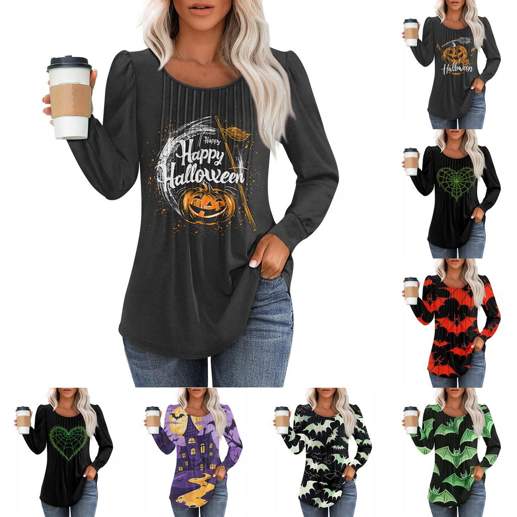 Women's Casual Fashion Long Sleeve Print Pleated Round Neck Shirt Casual Tops