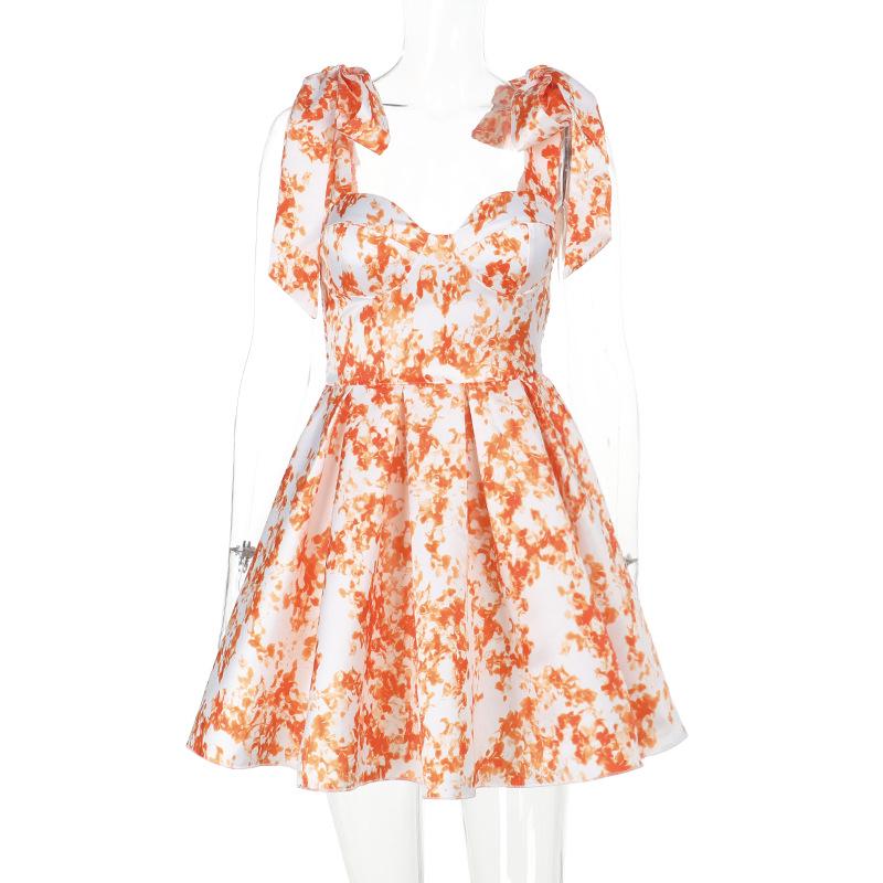 Summer 2025 Sexy A-Line Lace-up Print Dress - Vacation Style, Slimming Fit for Women