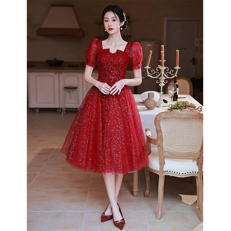 Burgundy Toast Bride 1011 New Summer Wedding Return Gauze Dress Light Luxury Banquet Evening Dress