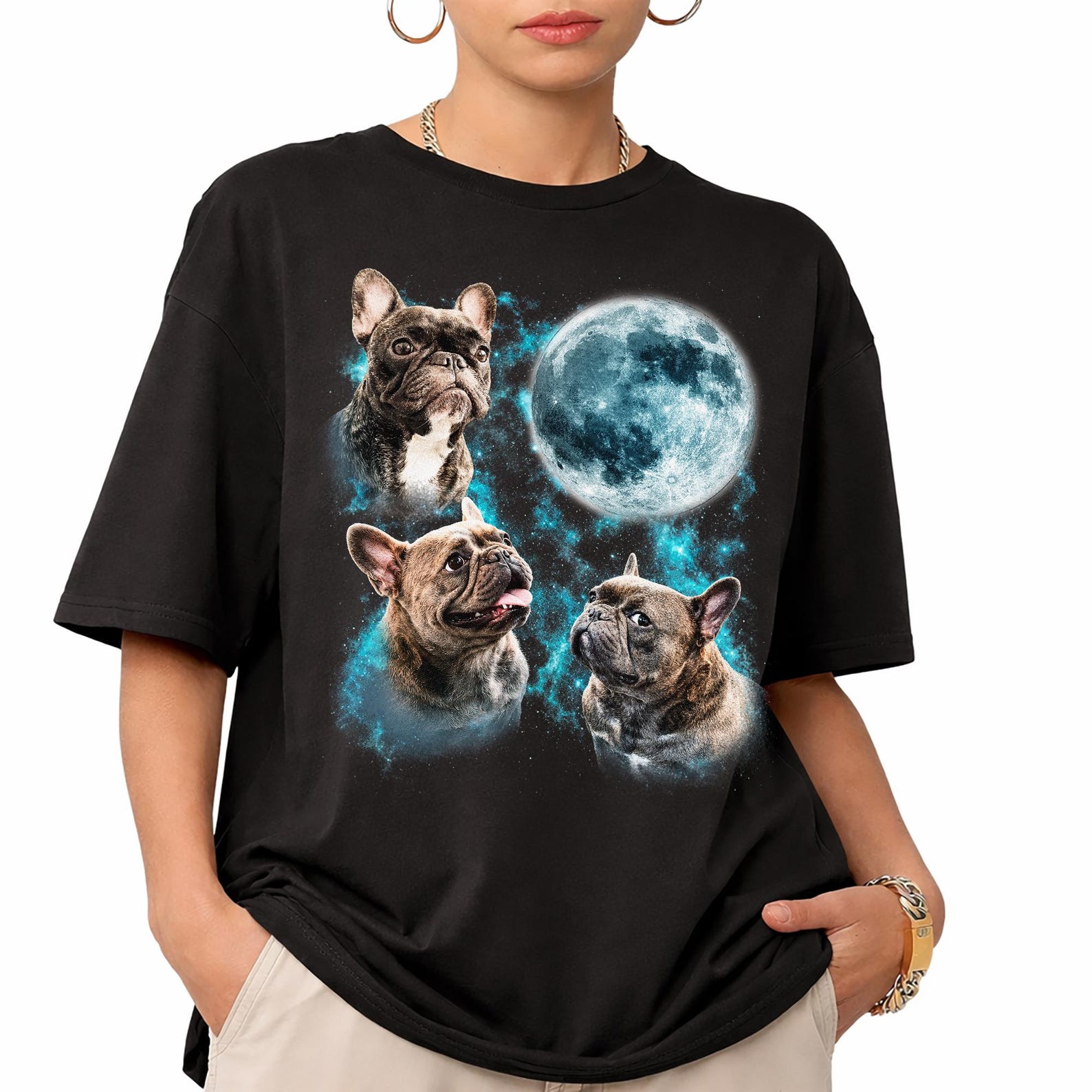 French Bulldog Moon T-Shirt, Comfort Colors Frenchie Dog Lover Tee L