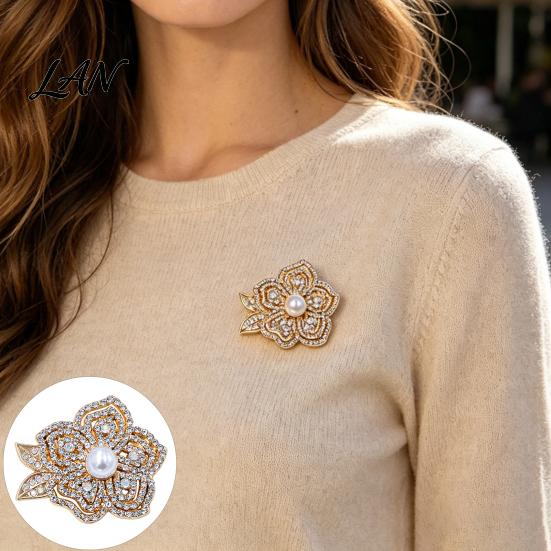 Decorative Flower Pin Faux Pearl Rhinestone Brooch, Women Girls Retro Floral Lapel Non-fading Pin, Badge for Clothes Bag Hat Scarf Suits Secure Clasp