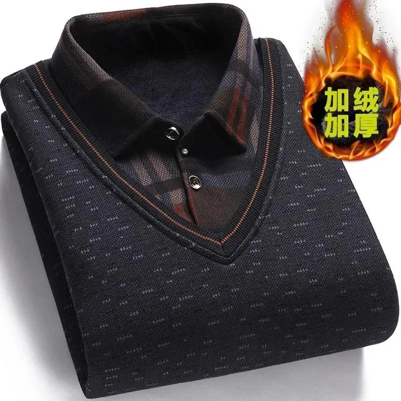 New Men's Winter Fake Two Pieces Knit Pullover Lapel Patchwork Warm Bottoming Shirt Fashion Casual Sweater Shirts Tops for Men