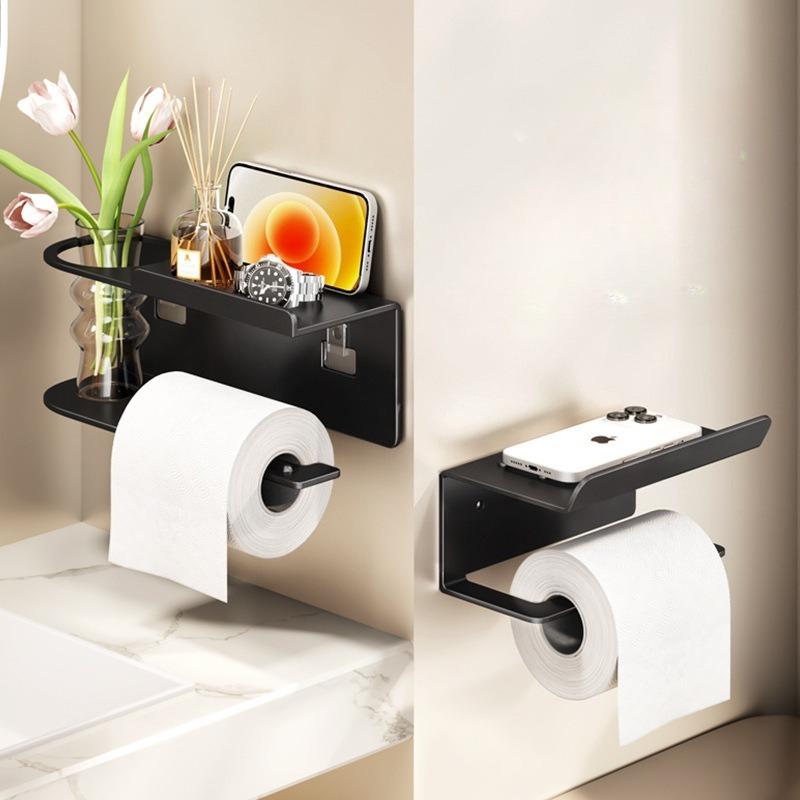 Punch-Free Adhesive Toilet Paper Holder Wall Mount - Space-Saving Bathroom Tissue Roll Rack with Storage Shelf Installation