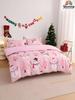 2/3pcs Pink Christmas Snowflake Gift Gingerbread Man Snowman Pattern Reversible Color Duvet Cover Bedding Set, Soft Breatheable