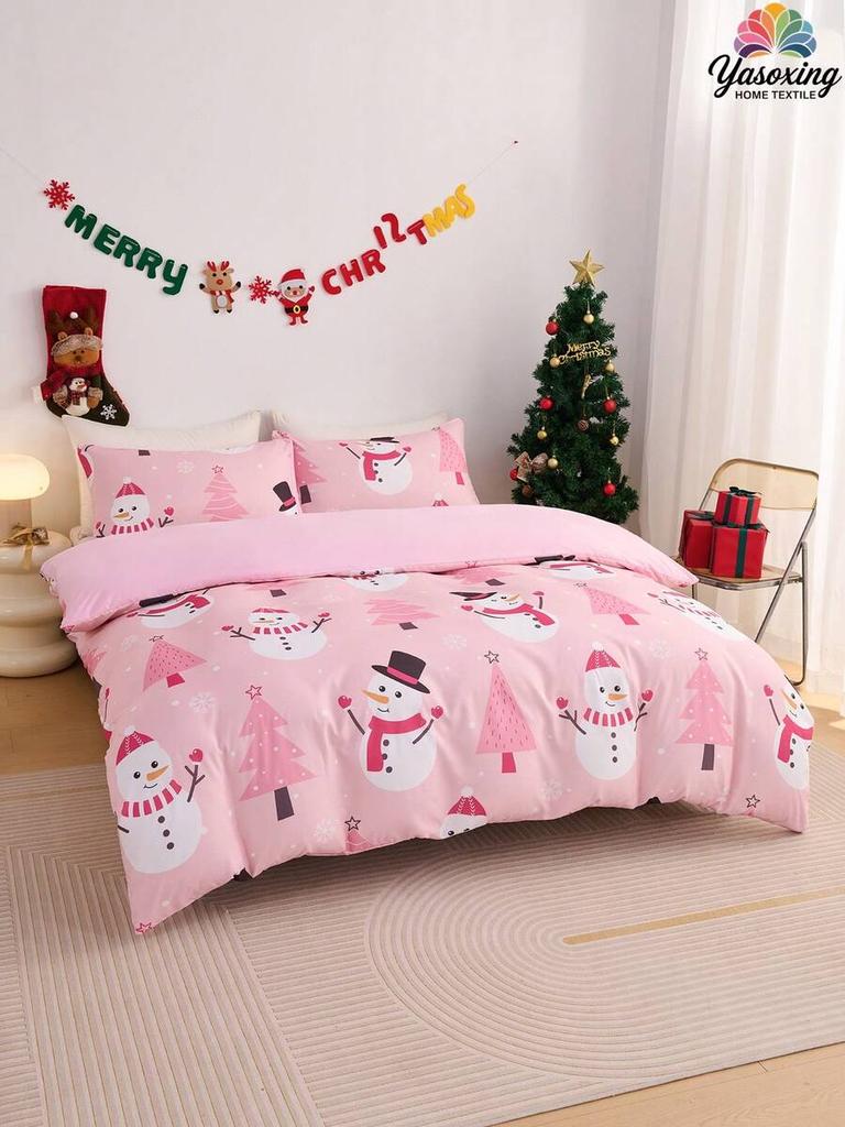 2/3pcs Pink Christmas Snowflake Gift Gingerbread Man Snowman Pattern Reversible Color Duvet Cover Bedding Set, Soft Breatheable