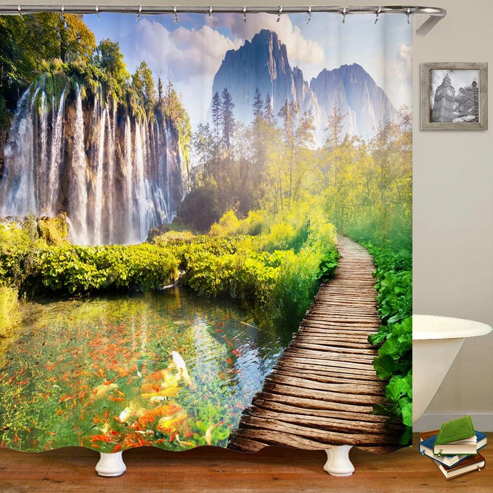 Bathroom Shower Curtain 3D Nature Forest Landscape Print Polyester Waterproof Curtain Home Decoration Curtain with Hook 180x200