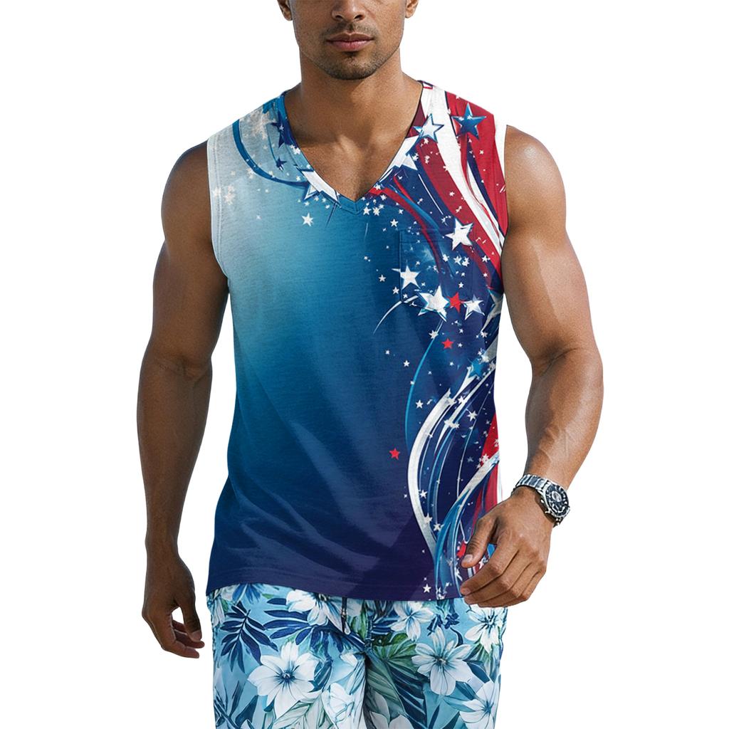 Men’s Sleeveless V Neck Tank Top with Tropical Tree and Flag Print Casual Lightweight Summer Shirt