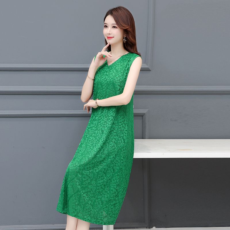 Fashionable V-Neck Sleeveless Dress Elegant Long Vest Dress Breathable Jacquard Fabric Stretchy Summer Dress