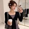 Korean Style Fake Two-Piece Color Block Patchwork Long Sleeve T-shirt - Women's Spring 2026 Slimming Lace-up Thin Temperament Top