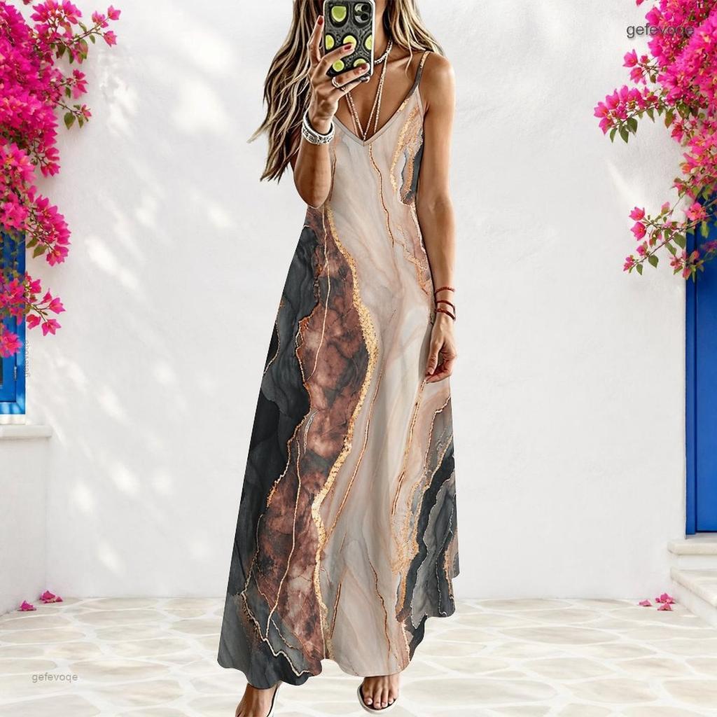 Women Plus Size Off Shoulder V Neck Strappy Sleeveless Printed A Line Maxi Dress