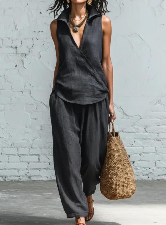 Foreign trade cross-border spring/summer new simple collar shirt, wide-leg linen pants, two-piece set, exclusive for women s cross-border use S чёрный