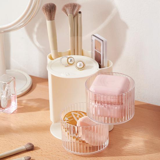 Makeup Brush Holder With Lid Clear Rotating Cosmetic Tool Organizer For Vanity