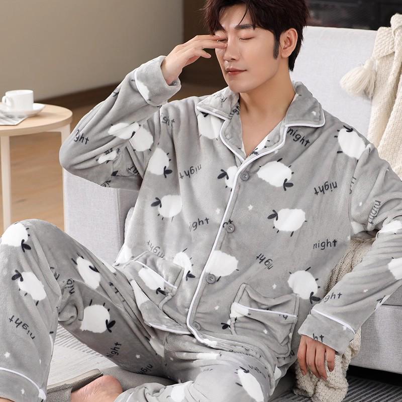 

Men s Coral Fleece Pajama Set 2025: New Style, Thick, Loose, Warm Flannel Homewear XL