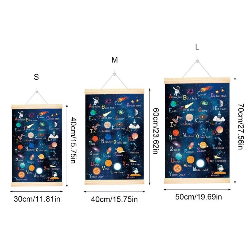 Planet Solar System Wall Art Space Themed Alphabets Poster with Wood Frame for Kids Room Space Decors Educational Poster