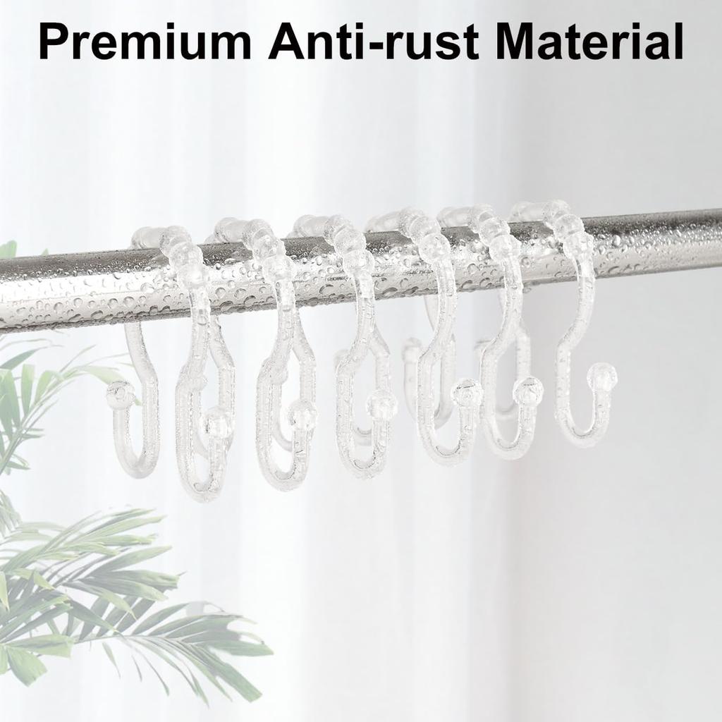 Shower Curtain Hooks, 12 Pcs Clear Shower Curtain Rings, Plastic Glide Roller Shower Hooks, Rust Proof Anti-Drop Shower Rings, Smooth Sliding Double